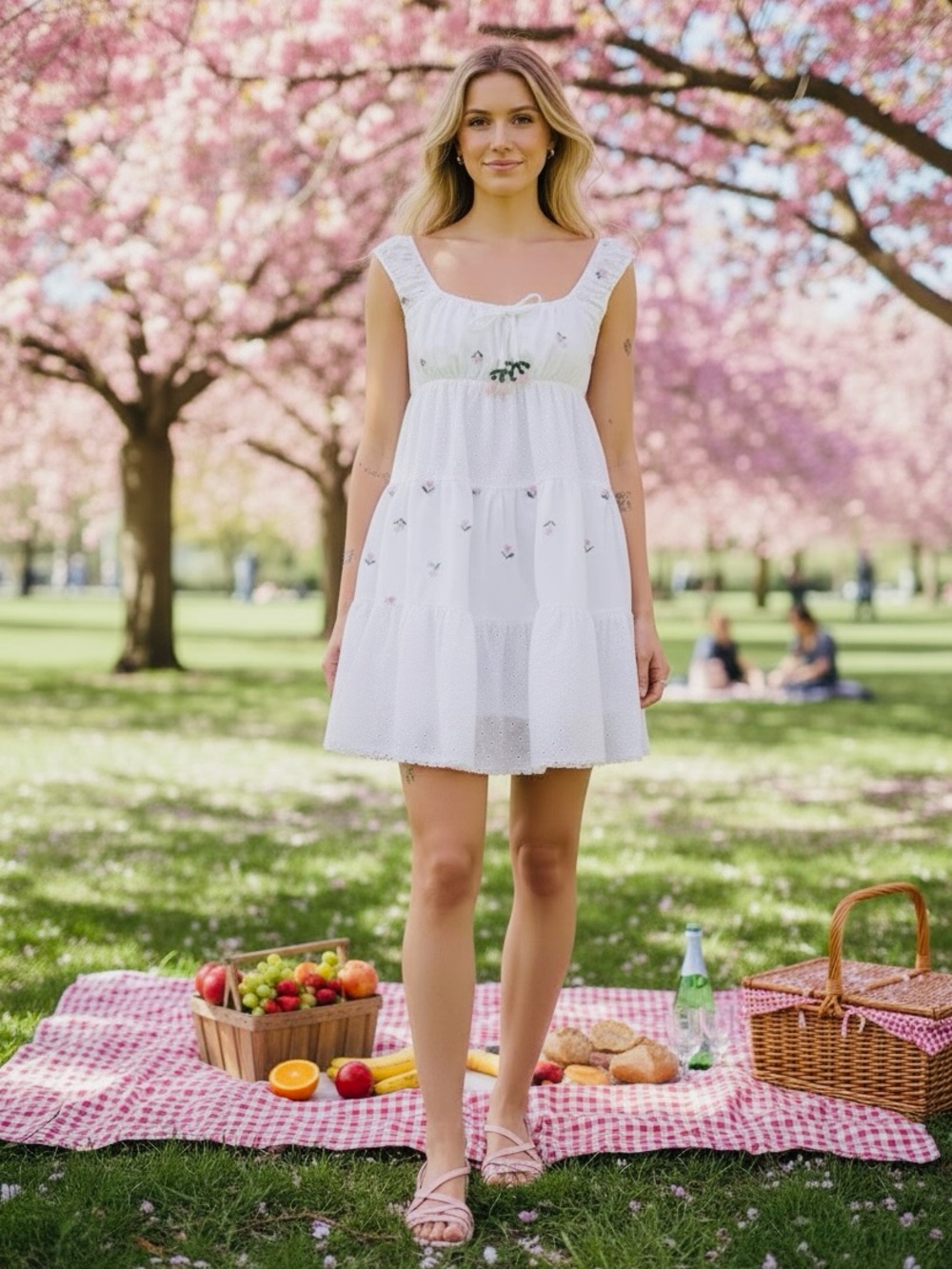 Jacquie The Label Roselle Cherry Embroidered Babydoll Dress White Pink XS